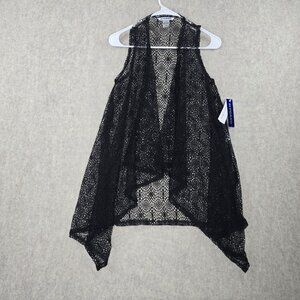 Nygård Women Open Front Black Lace Vest S 100% Nylon Lightweight Sleeveless